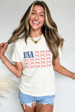 Load image into Gallery viewer, White USA Flag Bow Knot Print Round Neck T Shirt