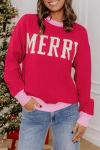 Load image into Gallery viewer, Red Drop Shoulder Round Neck Letter Print Colorblock Sweater