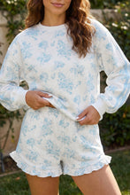 Load image into Gallery viewer, Sky Blue Floral Print Striped Detail Long Sleeve Top Ruffle Hem Shorts 2pcs Set