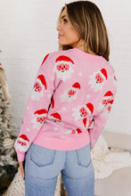 Load image into Gallery viewer, Pink Cartoon Santa Pattern Round Neck Dropped Shoulder Sweater