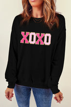 Load image into Gallery viewer, Black Chenille XOXO Patched Drop Shoulder Valentines Pullover Sweatshirt