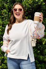 Load image into Gallery viewer, White Plus Size Exposed Seam Detail Contrast Dot Floral Patchwork Sleeve Sweatshirt