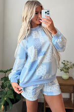 Load image into Gallery viewer, Light Pink Patchwork Floral Print Drop Shoulder Baggy Pullover Drawstring Shorts Set