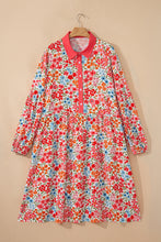 Load image into Gallery viewer, Pink Plus Size Button V Neck Leopard Print Puff Sleeve Loose Mini Dress