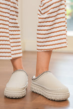 Load image into Gallery viewer, White Contrast Stitch Detail Faux Suede PU Patchwork Plush Winter Clog Slippers