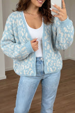 Load image into Gallery viewer, Light Blue Leopard Print V Neck Long Sleeve Loose Fit Knit Cardigan