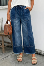 Load image into Gallery viewer, Prussian Blue Drawstring Seam Detail Raw Hem Wide Leg Denim Pants