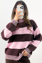Load image into Gallery viewer, Pink Stripe Contrast High Neck Dropped Shoulder Relaxed Pullover Sweater