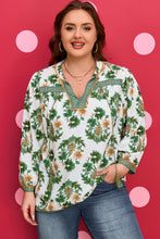 Load image into Gallery viewer, Green Plus Size Floral Printed Contrast Patchwork Detail Tassel Tie 3/4 Sleeve Blouse