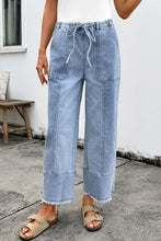 Load image into Gallery viewer, Prussian Blue Drawstring Seam Detail Raw Hem Wide Leg Denim Pants