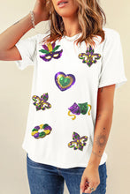 Load image into Gallery viewer, White Sequined Mardi Gras Symbolic Pattern Casual Tee
