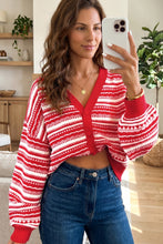 Load image into Gallery viewer, Red Geometric Striped Pattern V Neck Button Front Casual Knit Cardigan