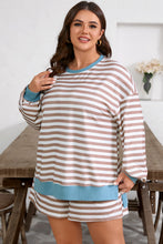 Load image into Gallery viewer, Khaki Stripe Contrast Edge Drop Shoulder Pullover and Shorts Plus Size Set