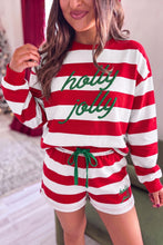 Load image into Gallery viewer, Red Stripe Holly Jolly Embroidery Pullover Long Sleeve Two Piece Shorts Set