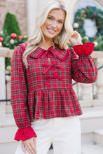 Load image into Gallery viewer, Red Plaid Tie Neck Ruffle Cuffs Long Sleeve Shift Blouse