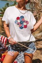 Load image into Gallery viewer, White Faux Patchwork Patriotic Flower Printed T Shirt