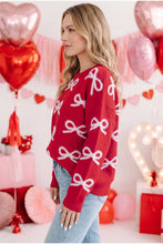 Load image into Gallery viewer, Fiery Red All Over Bow Dropped Shoulder Round Neck Shift Sweater