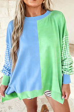 Load image into Gallery viewer, Rose Red Colorblock Gingham Sleeve Crewneck Sweatshirt