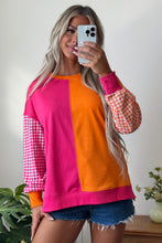 Load image into Gallery viewer, Rose Red Colorblock Gingham Sleeve Crewneck Sweatshirt