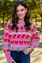 Load image into Gallery viewer, Pink Christmas Holiday Graphic Round Neck Knit Sweater