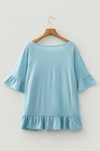 Load image into Gallery viewer, Light Blue Ruffled Short Sleeve Plus Size Casual Blouse