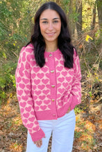 Load image into Gallery viewer, Pink Heart Pattern Drop Shoulder Long Sleeve Button Front Cardigan