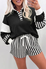 Load image into Gallery viewer, Black Striped Color Block Pullover Top Drawstring Shorts Set