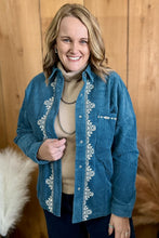 Load image into Gallery viewer, Blue Embroidered Corduroy V-Neck Long Sleeve Plus Size Shirt