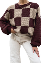 Load image into Gallery viewer, Brown Checkered Pattern Knit Loose Pullover Sweater