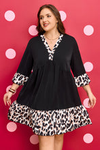 Load image into Gallery viewer, Black Plus Size Leopard Patchwork V Neck 3/4 Sleeve Ruffle Hem Mini Dress