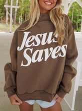 Load image into Gallery viewer, Mist Blue Jesus Saves Slogan Print Stand Neck Baggy Sweatshirt