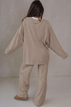 Load image into Gallery viewer, Beige Stripe Contrast Trim Round Neck Oversize Long Sleeve Top 2pcs Pant Set