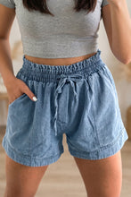 Load image into Gallery viewer, Dusk Blue Smocked Elastic Waist Denim Shorts