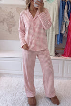 Load image into Gallery viewer, Pink Gingham Long Sleeve Lapel Shirt 2pcs Pajama Pant Set