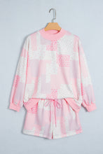 Load image into Gallery viewer, Light Pink Patchwork Floral Print Drop Shoulder Baggy Pullover Drawstring Shorts Set