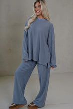 Load image into Gallery viewer, Beige Stripe Contrast Trim Round Neck Oversize Long Sleeve Top 2pcs Pant Set