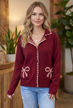 Load image into Gallery viewer, Burgundy Bow Pocket Collar Long Sleeve Knit Cardigan