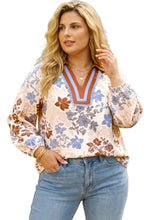 Load image into Gallery viewer, White Plus Size Floral Print Contrast Collar V Neck Long Sleeve Blouse