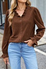 Load image into Gallery viewer, Coffee Solid Color Ruffle Trim V Neck Long Sleeve Button Corduroy Shakcet