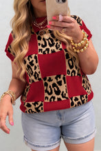 Load image into Gallery viewer, Green Plus Size Leopard Contrasted Checkered Short Sleeve Sweater