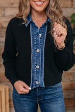 Load image into Gallery viewer, Color black Drop Shoulder Placket Paneling Shirt Collar Long Sleeve Cardigan