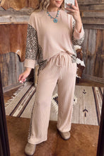 Load image into Gallery viewer, Light French Beige Leopard Print Ribbed Twist Long Sleeve Top Pants Plus Size Set