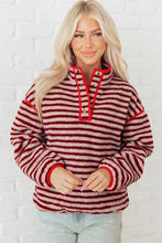 Load image into Gallery viewer, Red Striped Fuzzy Colorblock Button Placket Sweatshirt