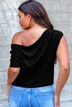 Load image into Gallery viewer, Burgundy Plus Size Solid Color Asymmetric Neck Short Sleeve Blouse