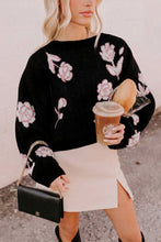 Load image into Gallery viewer, Black Floral Pattern Puff Sleeve Dropped Shoulder Pullover Sweater
