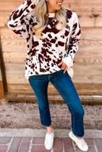 Load image into Gallery viewer, Brown Western Print Cow Pattern Long Sleeve Round Neck Pullover Knitwear Sweater