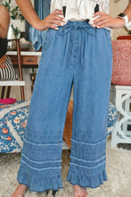 Load image into Gallery viewer, Dusk Blue Ruffled Hem Wide Leg Chambray Pants