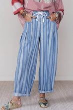 Load image into Gallery viewer, Sky Blue Stripe High Waist Wide Leg Lace Up Barrel Jeans