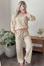 Load image into Gallery viewer, Khaki Polka Dot Contrast Trim Long Sleeve Top Drawstring Shift Pants Set