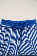 Load image into Gallery viewer, Blue Stripe Oversized Long Sleeve Top Drawstring Loose Shorts 2pcs Set